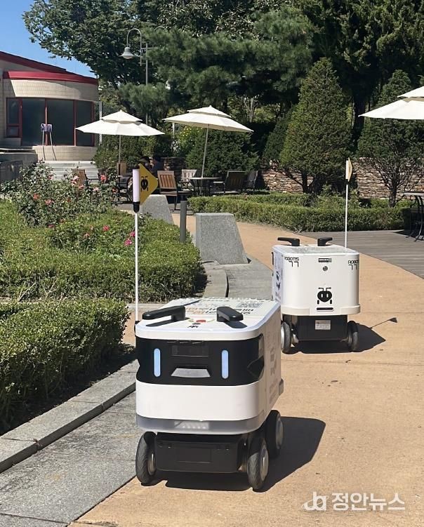 AI 자율주행 로봇이 공원을 돌며 순찰 활동을 펼치고 있다.