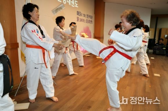 23일 첨단종합사회복지관에서 열린 문화예술제에서 태권도 회원들이 역량을 뽐내고 있다.