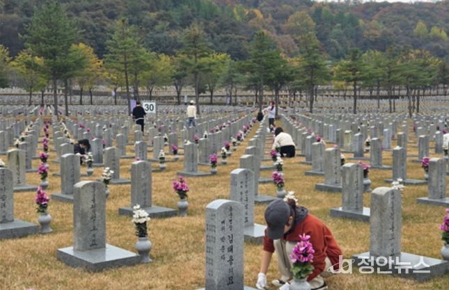 2025년 독립유공자 후손 장학생들이 국립서울현충원 묘역 정화 봉사를 하고 있다.