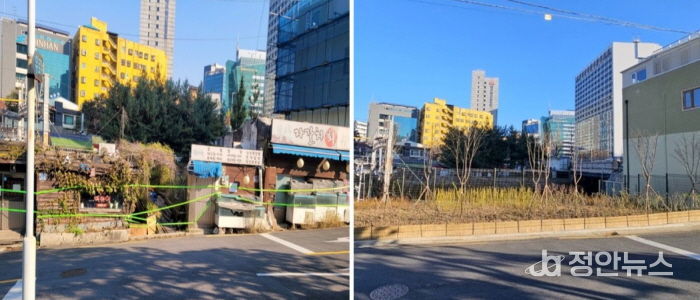 서대문구가 장기간 무단 점유돼 도시 경관을 저해하던 경의중앙선 철로 주변(충정로3가 155-5 일대 경의 제2녹지)을 ‘완충녹지’로 복원했다. 사진은 전후 비교 모습.