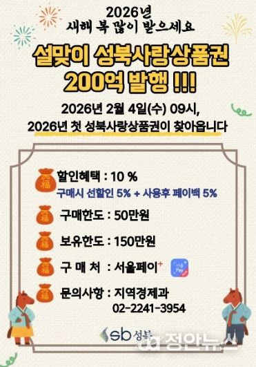 성북구, 설 앞두고 200억 원 규모 성북사랑상품권 발행