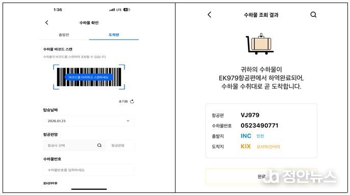 개인 수하물 조회 화면