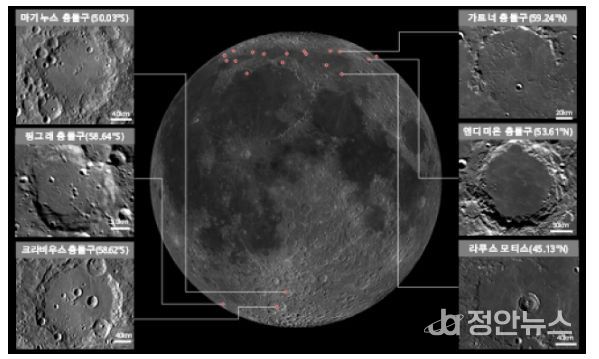 위도 40°~70° 범위 내 달 착륙지 후보 지역 예시. 위의 지역을 포함한 남·북반구 약 30여개 후보 지역을 상세 분석하여 착륙지 선정 예정(우주항공청)