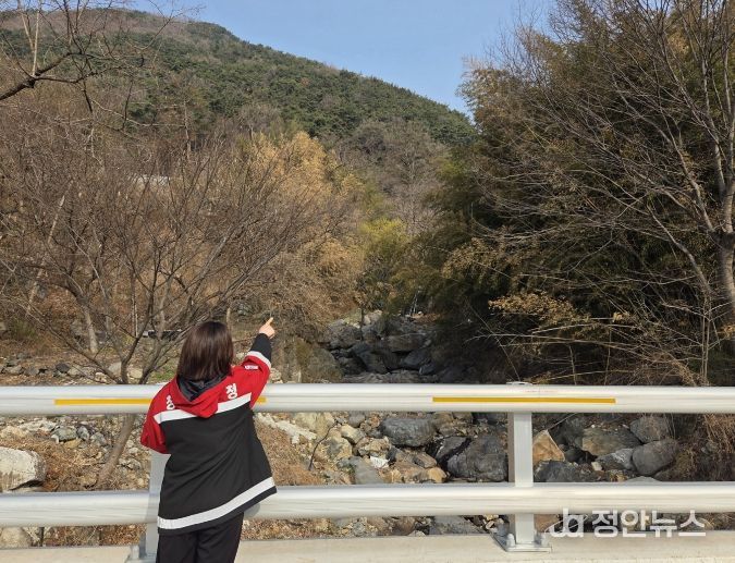산림녹지과 담당자가 산림 계곡에 불법 점용시설 설치 여부를 조사하고 있다.