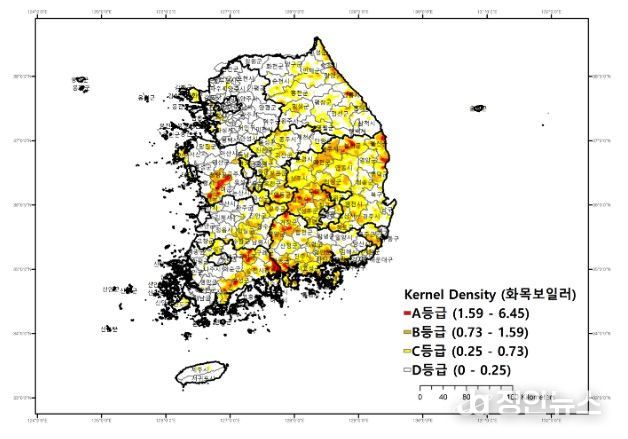 화목보일러 사용가구 Kernel Density 분석 결과 (단위: 가구수/km2)